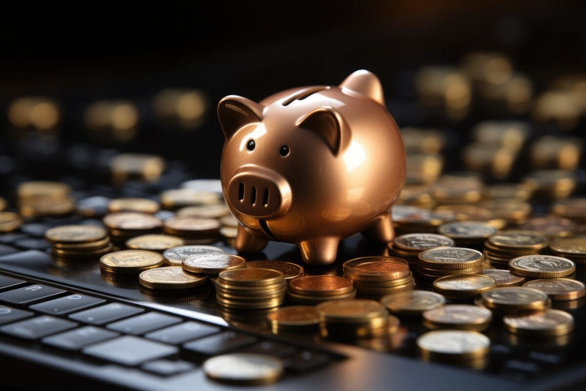 Bronze piggy bank sitting behind a keyboard surrounded by gold coins