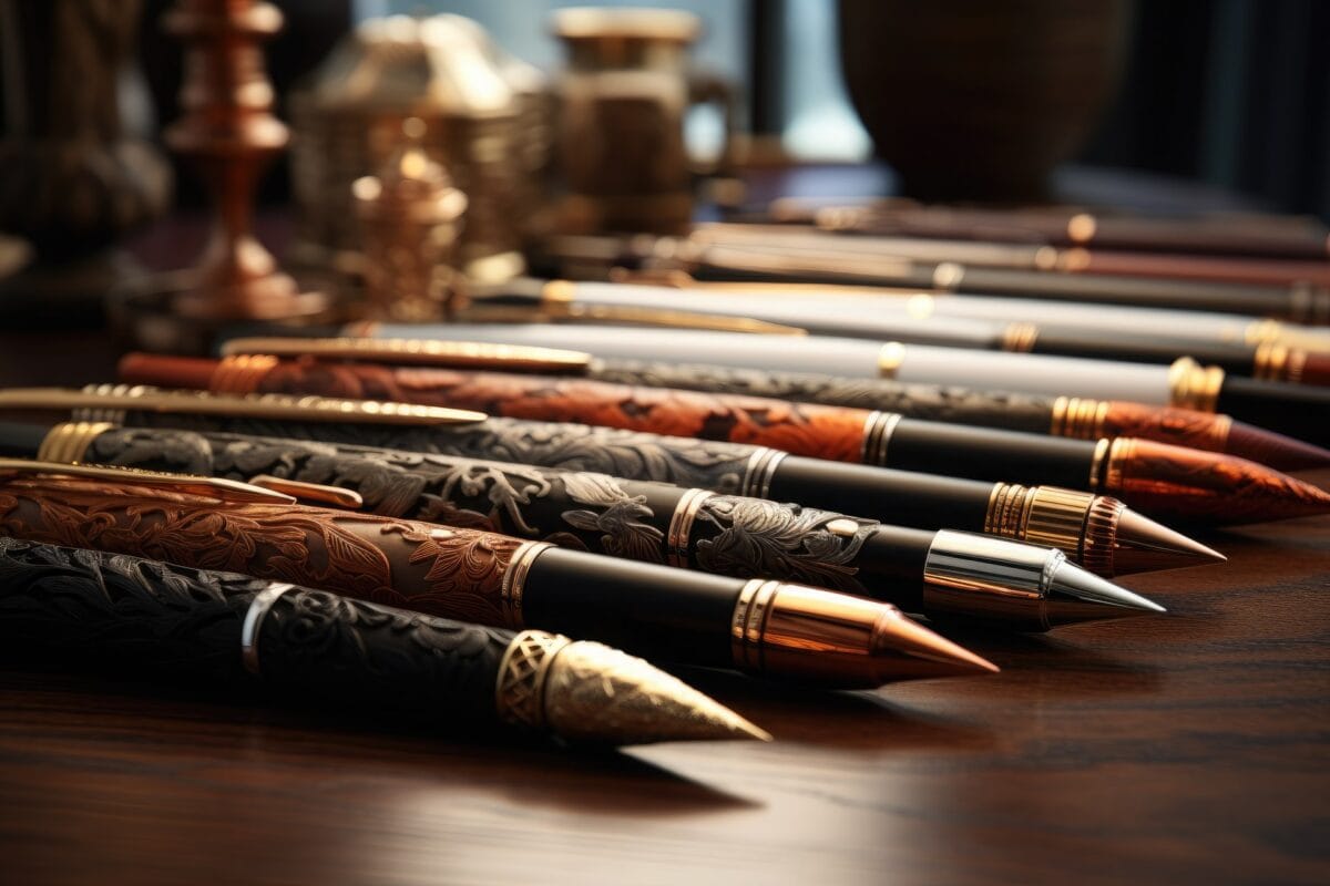 Dark gold and brown intricate engraved pens on a mahogany desk