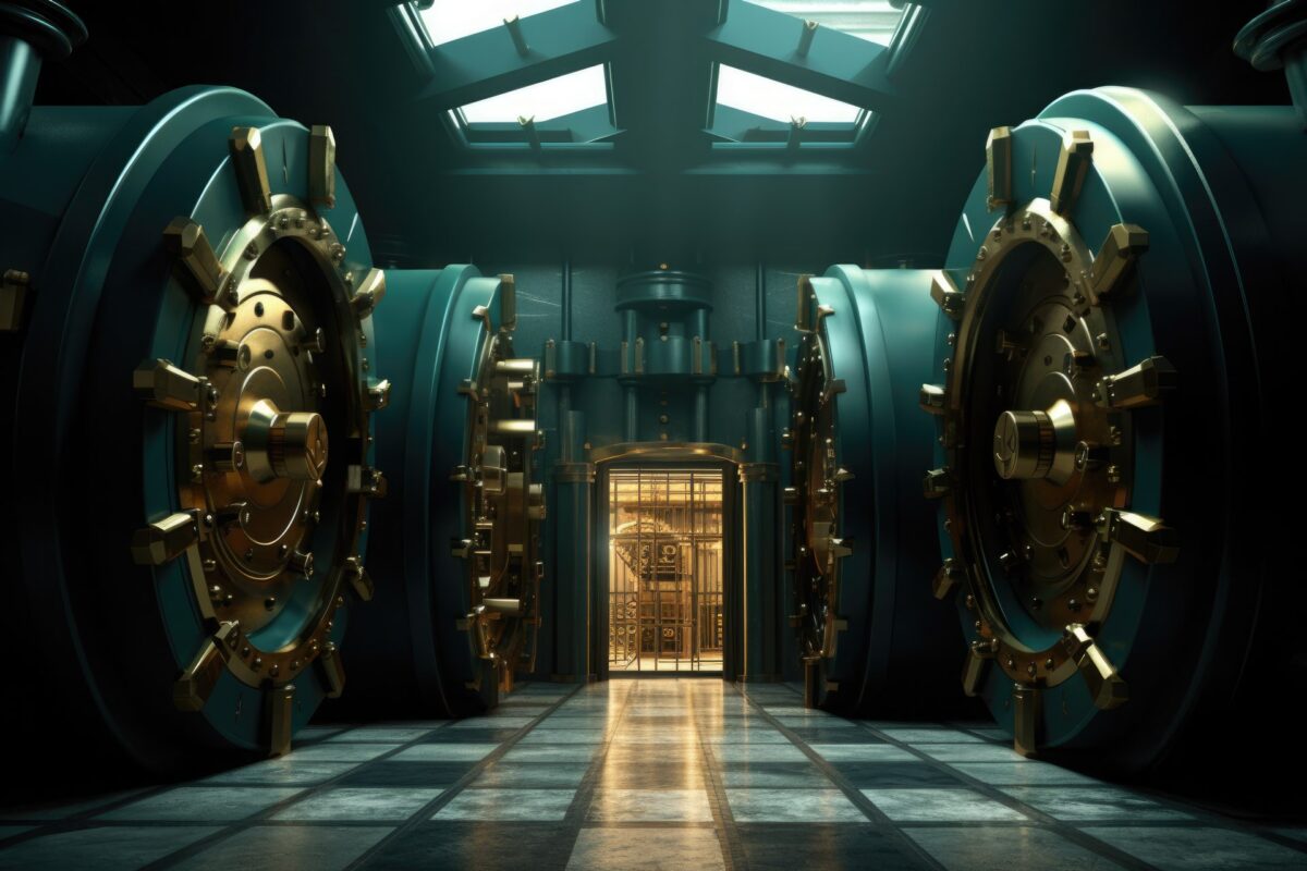 Huge bank vault doors with a moody dark gold and teal aesthetic