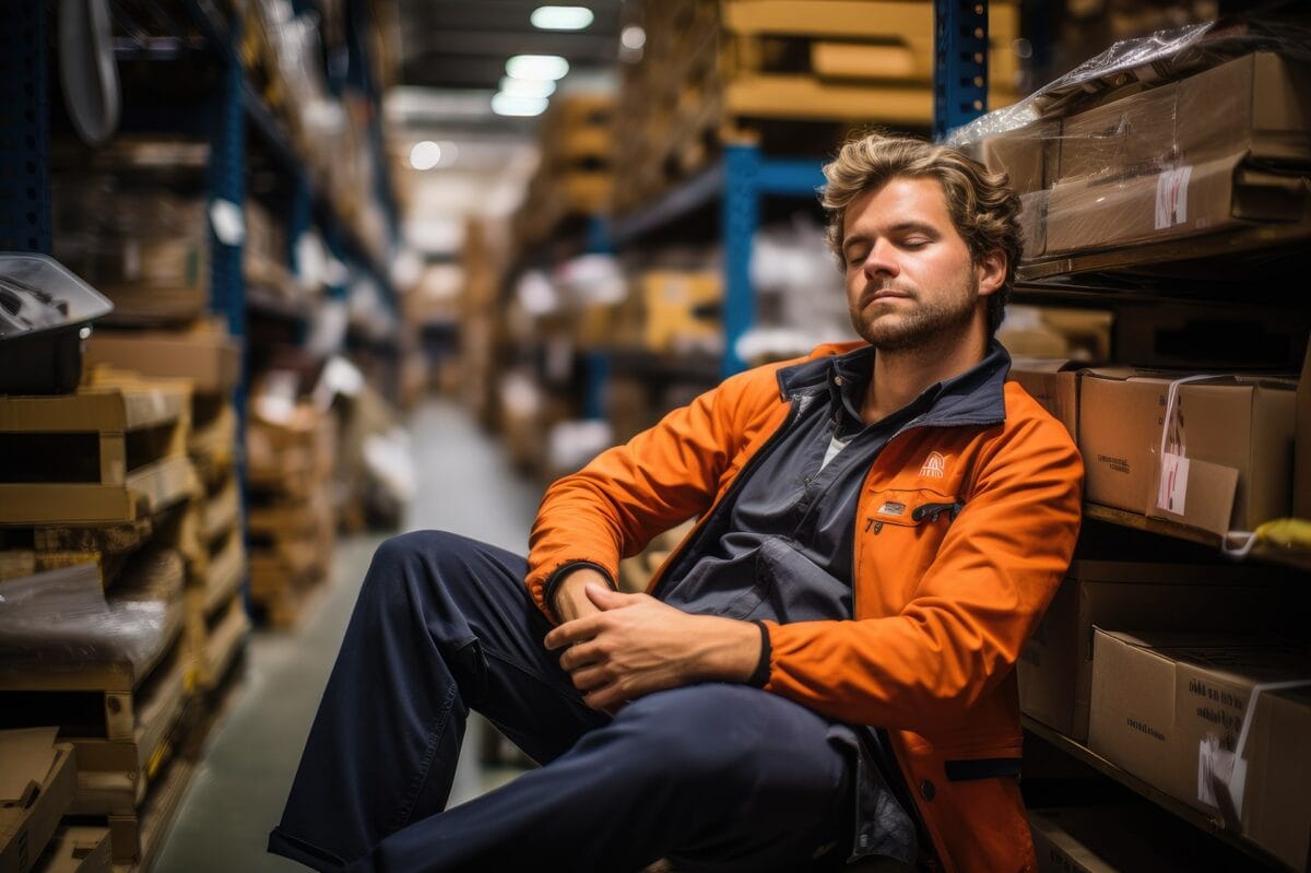 Man in orange jacket sitting and daydreaming among boxes on a warehouse floor