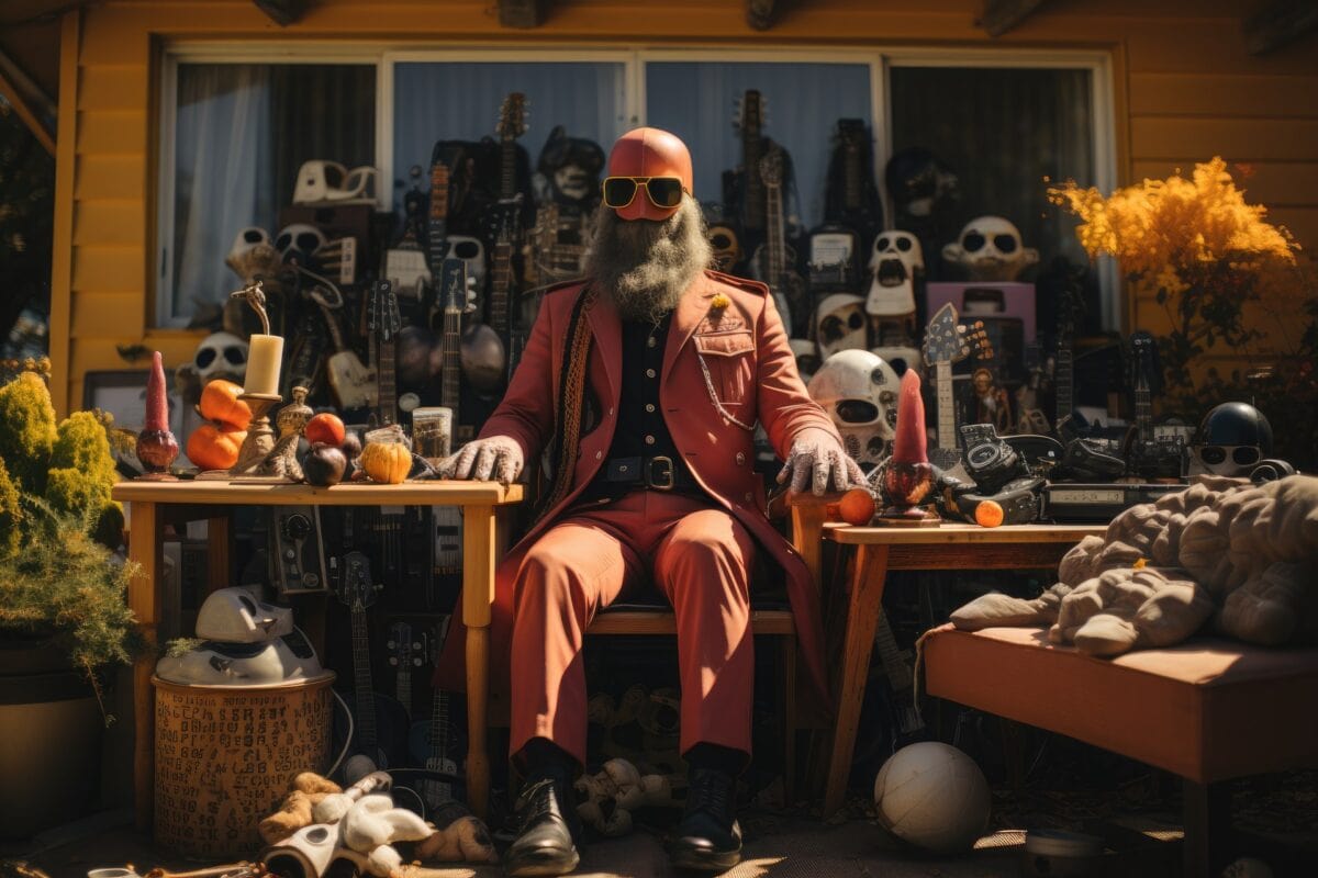 Man in a red suit with long beard selling bizarre antiques in a garage sale