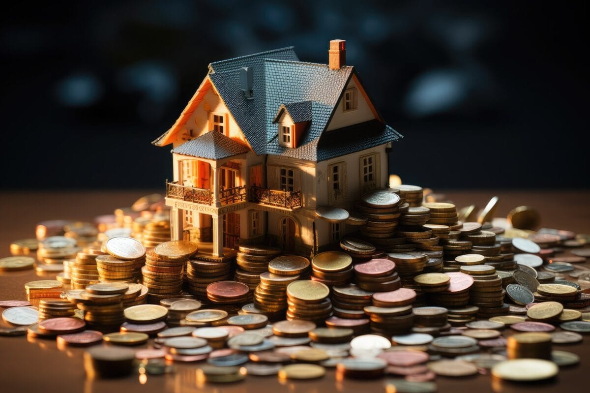 Miniature model home sitting on stack of coins