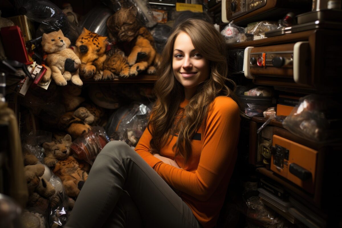 Smiling woman sits among a hoarded pile of stuffed animals and junk