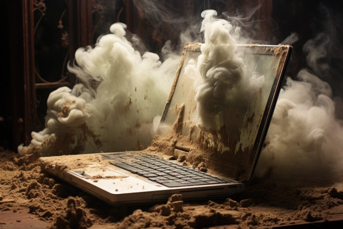 Smoldering laptop covered in dust and dirt