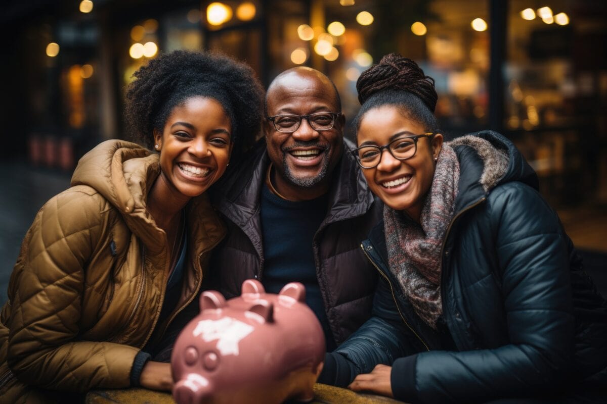 Three smiling family members with their piggy bank, sitting on a bench in winter