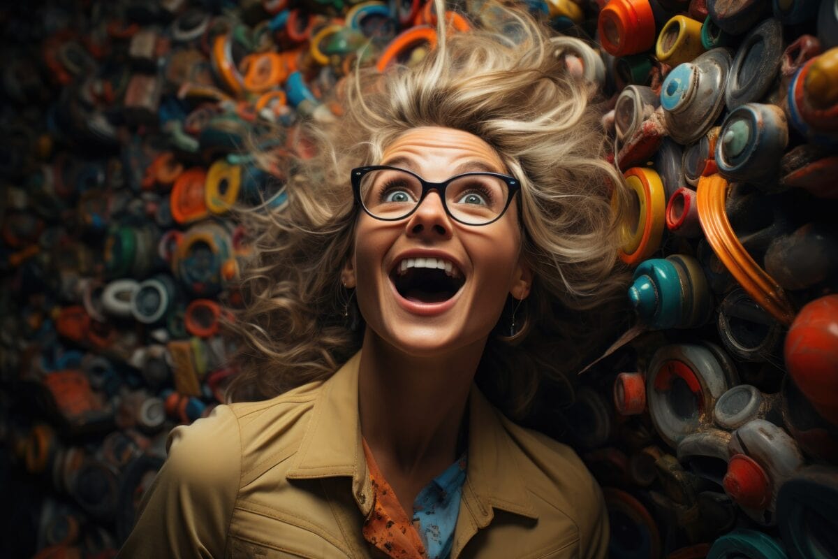 Woman in glasses laughing in a room covered with colorful push buttons