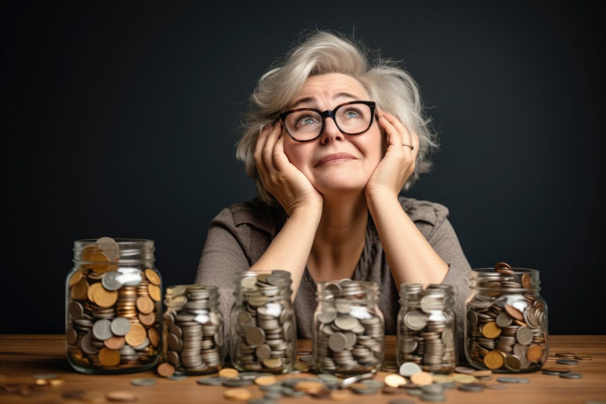 Woman sitting before piles and jars of coins, daydreaming about retirement