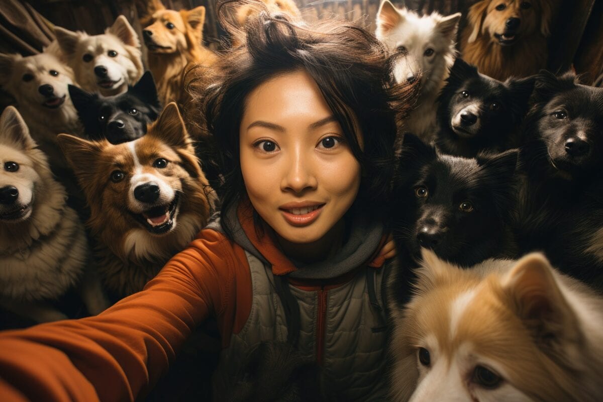 Woman taking selfie with many dogs