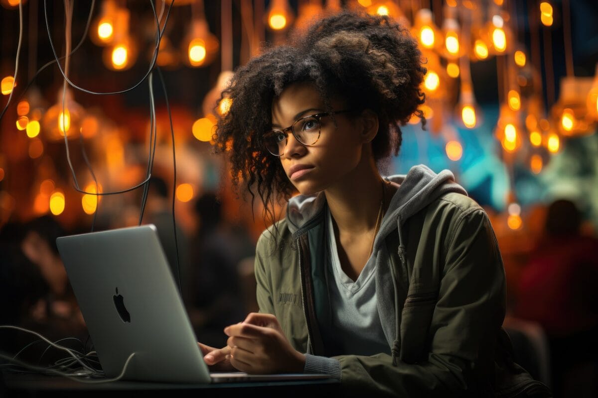 Woman working on her laptop in an open room under draping, glowing lights