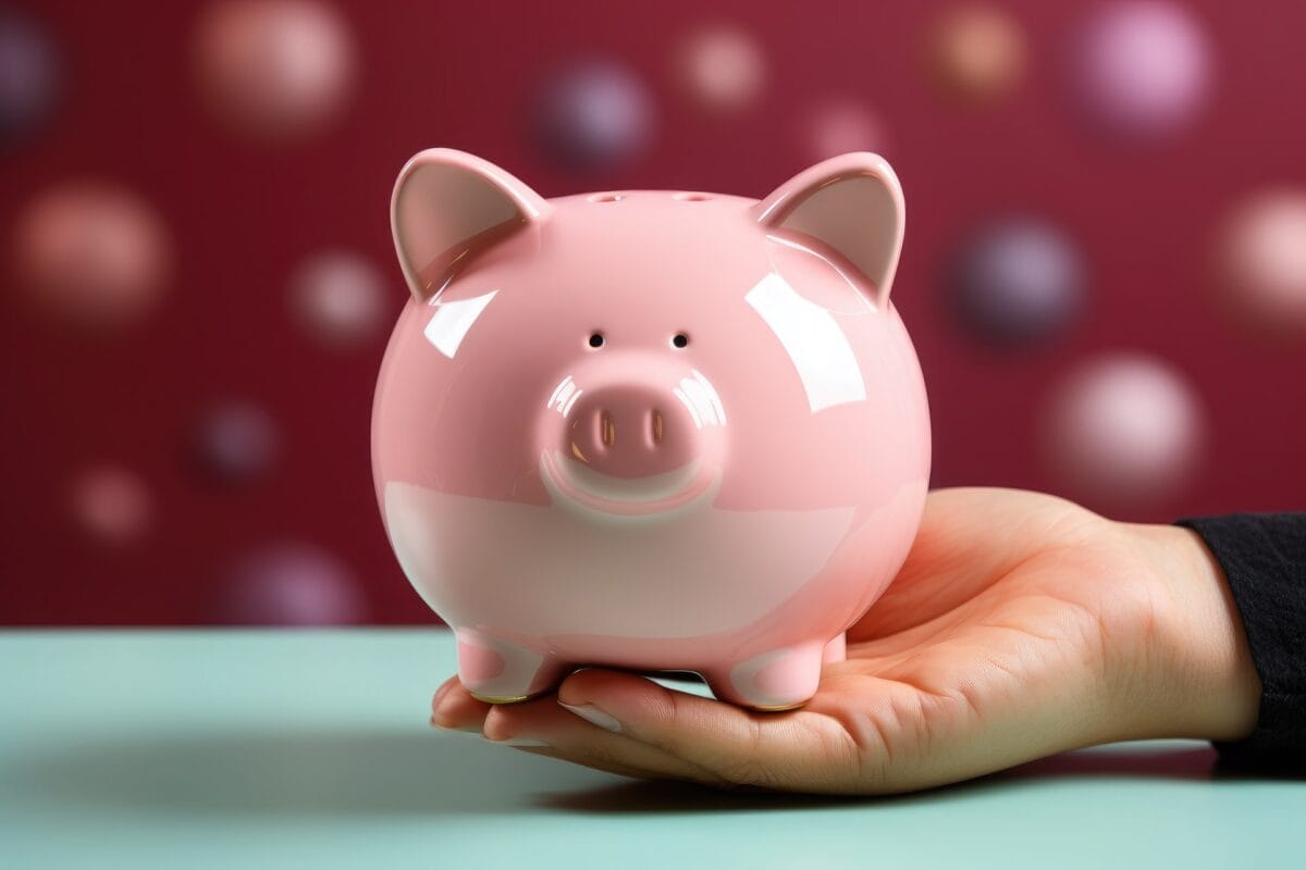 Woman's hand holding a glossy, pink piggy bank on a maroon, polka dot background